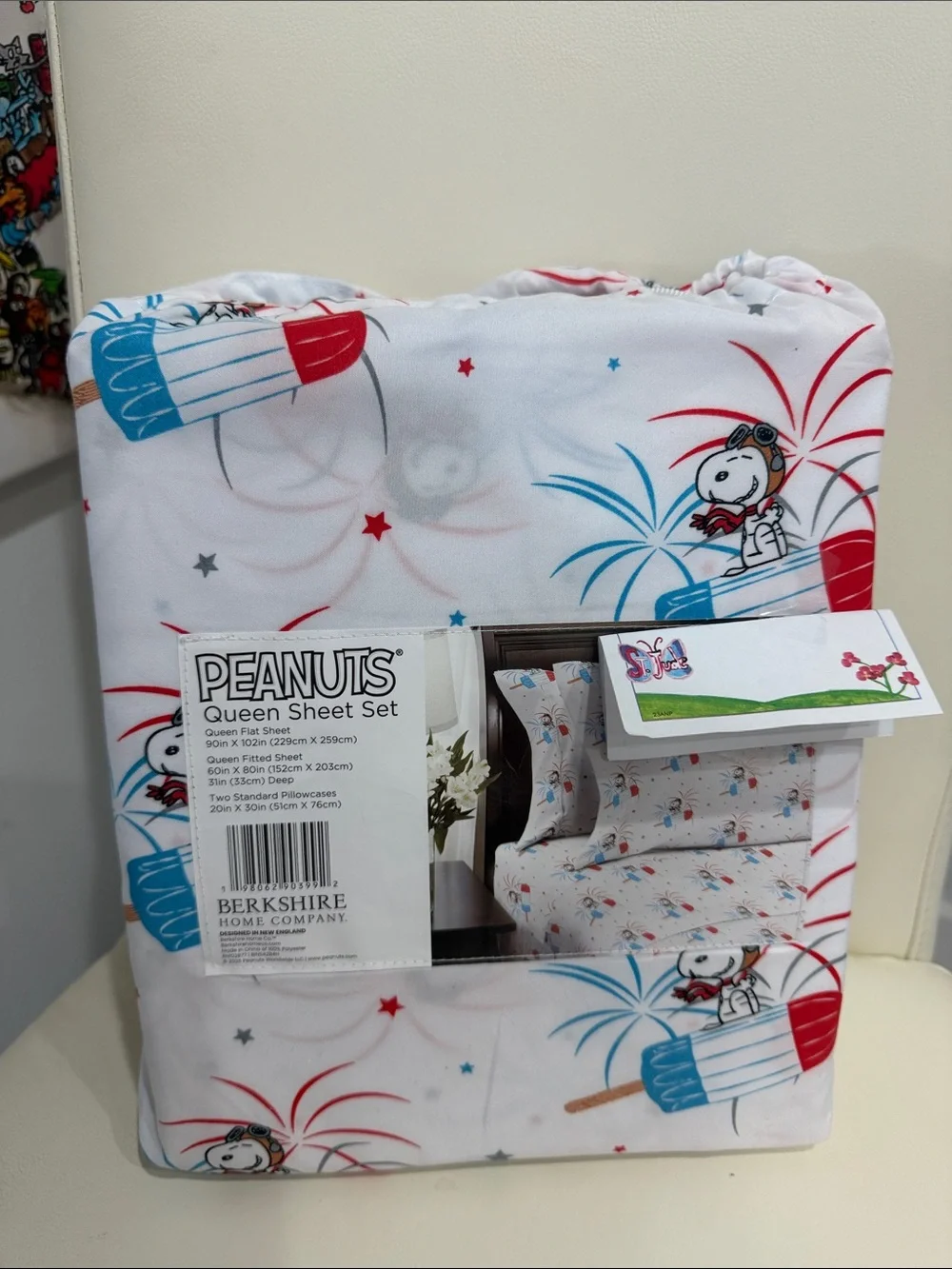 Peanuts Snoopy July 4th White/Red/Blue Snoopy & Fireworks QUEEN Sheet Set